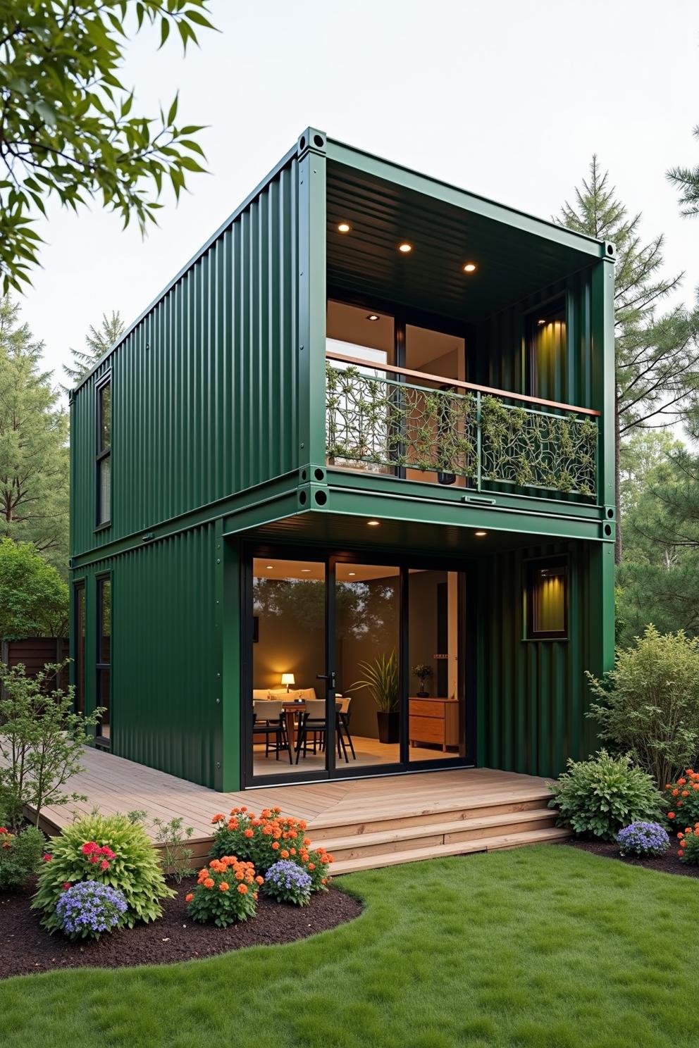 Green double-decker container home with a balcony and garden