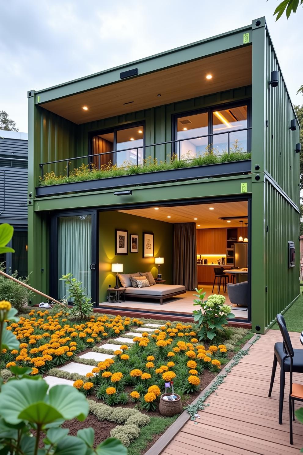 Two-story green container house with a vibrant garden