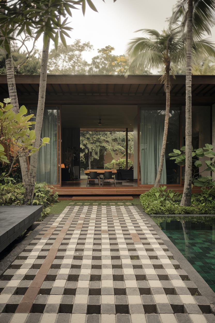 Tropical villa with checkered walkway and lush greenery