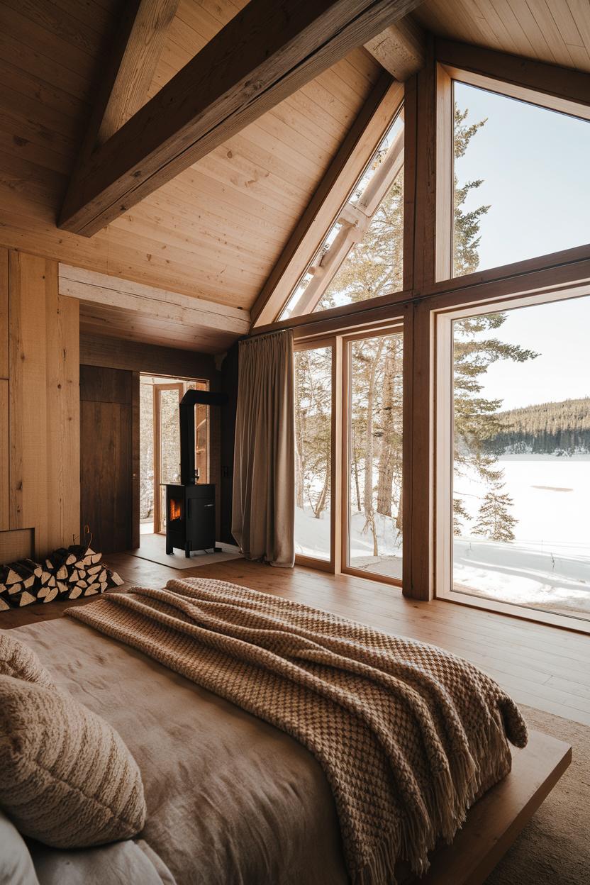 Warm wooden room with large windows overlooking a snowy landscape