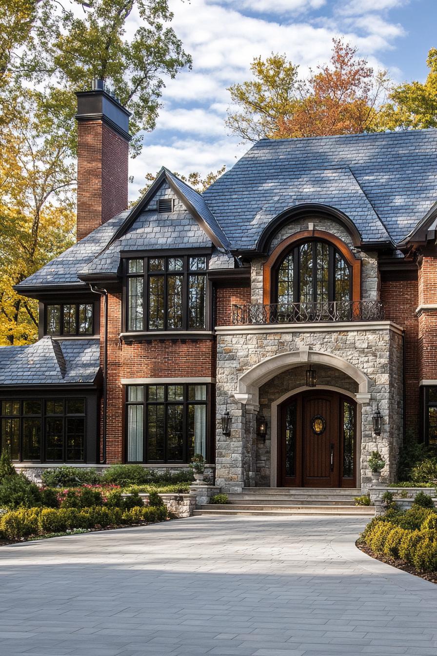 Grand suburban house with stone and brick facade