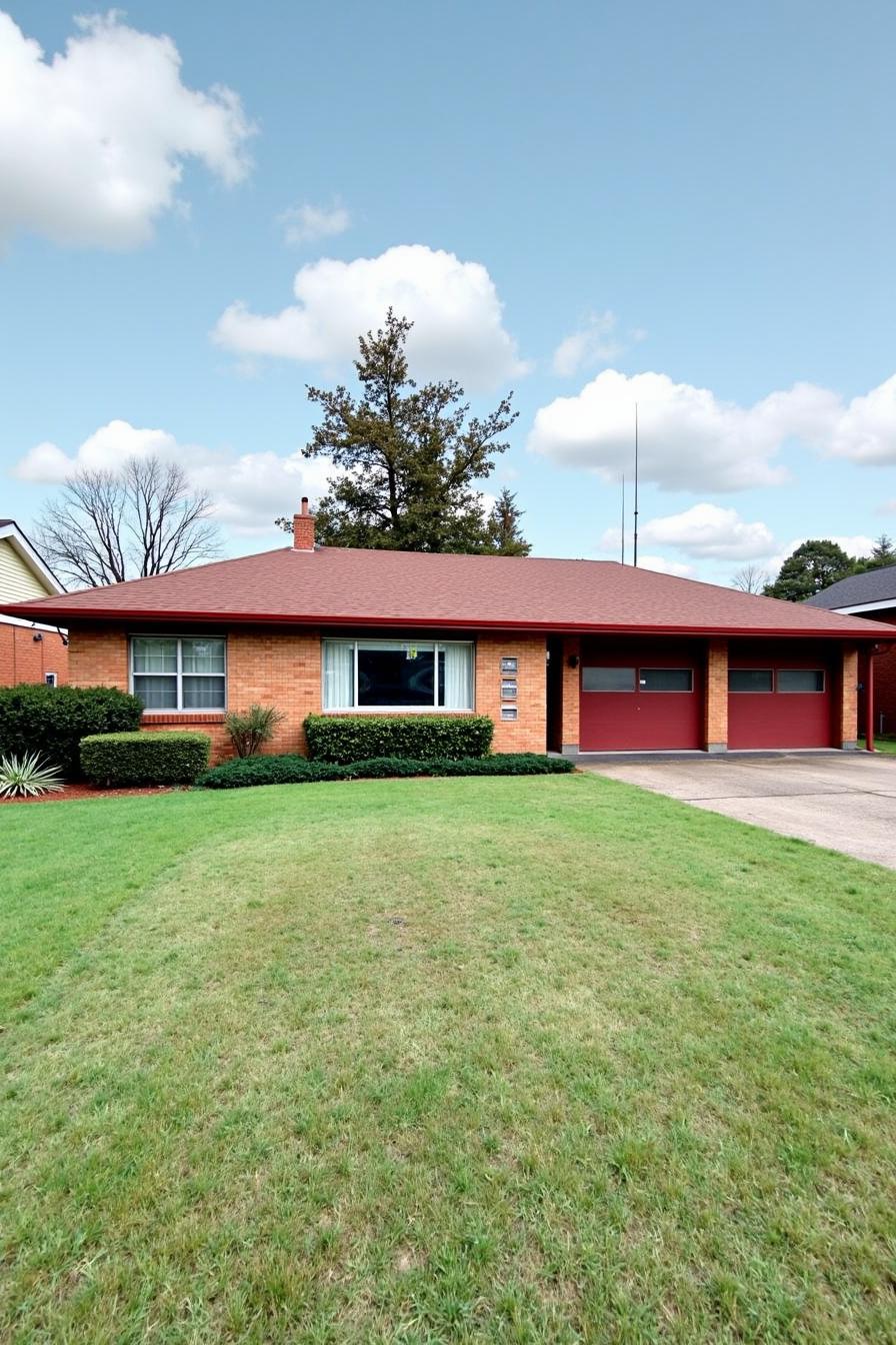 Classic red-brick ranch house with manicured lawn