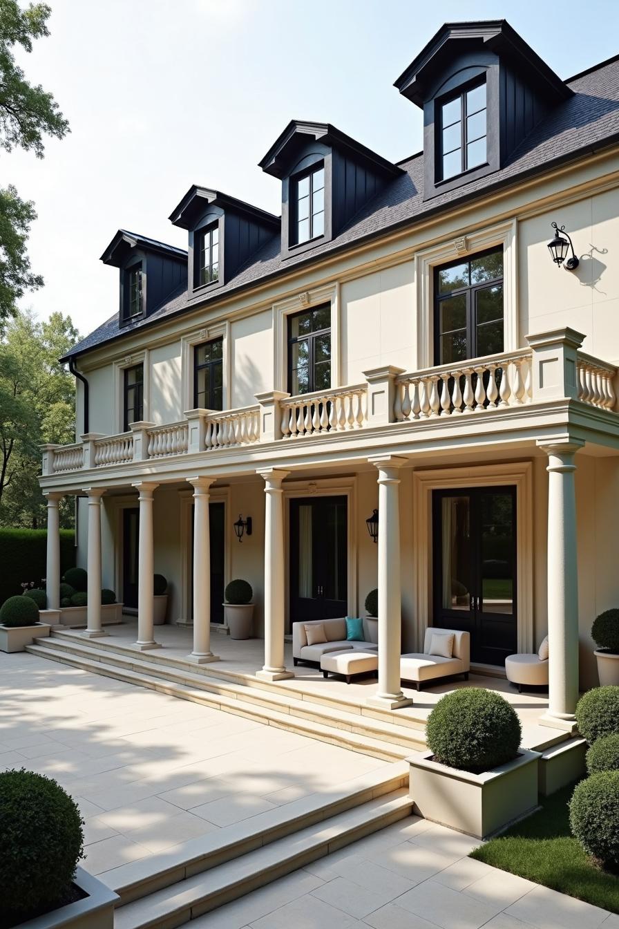 Elegant facade with columns and dormer windows