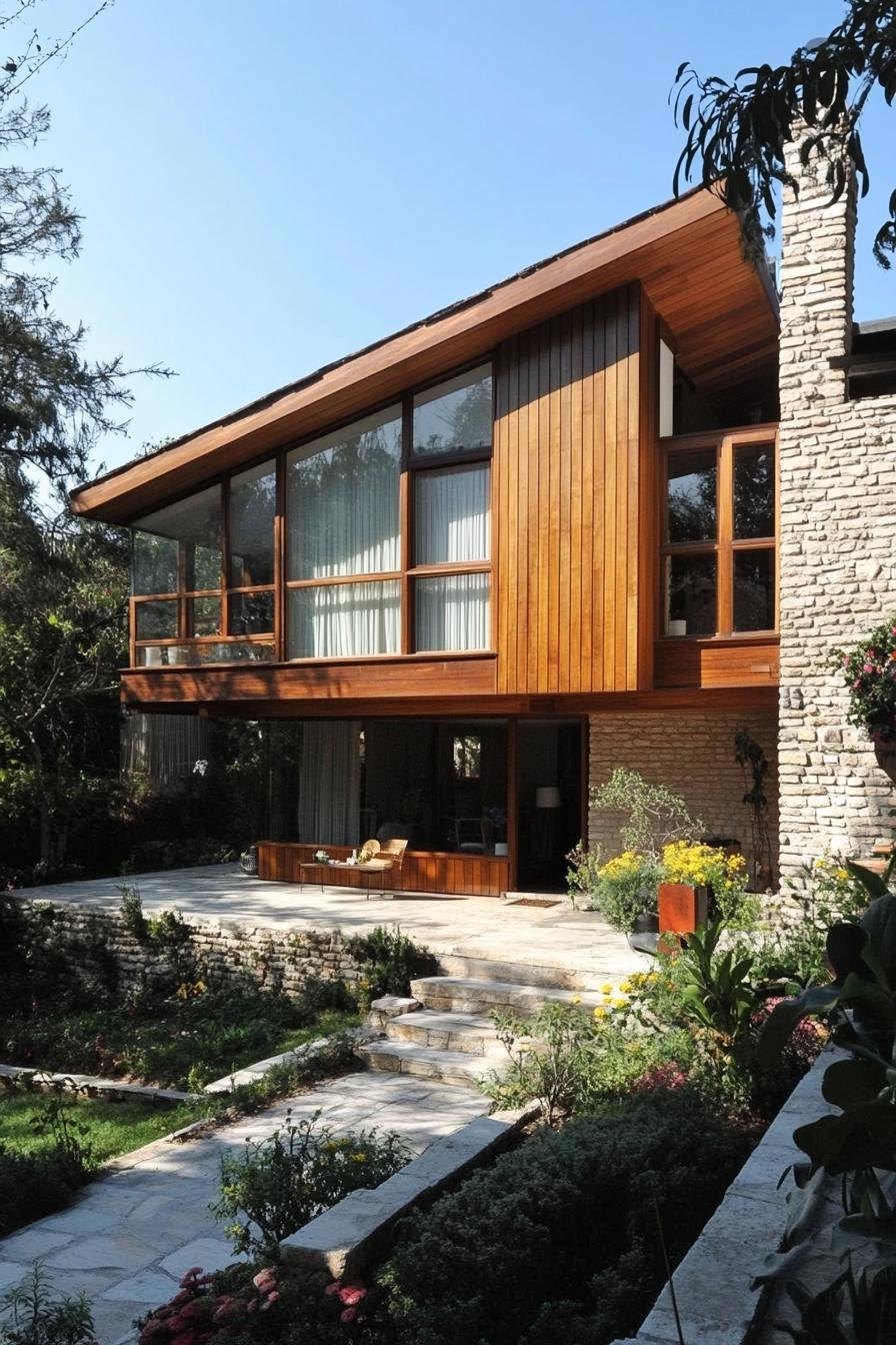 Modern house with wooden panels and stone chimney, surrounded by lush greenery