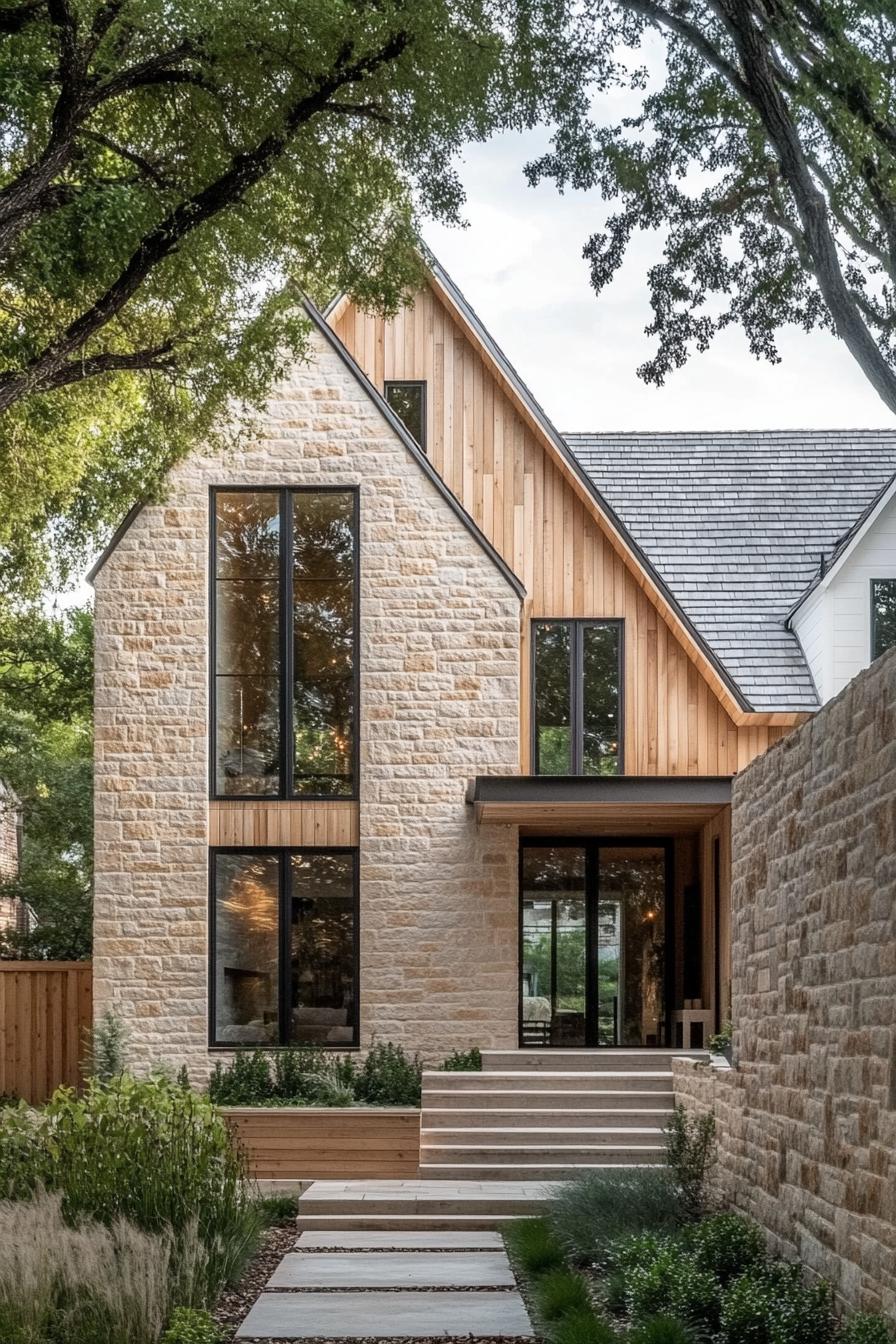 Modern stone cottage with wood accents surrounded by greenery