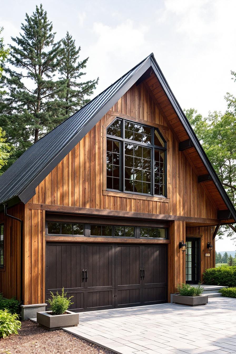 Wooden garage with sloped roof and large windows