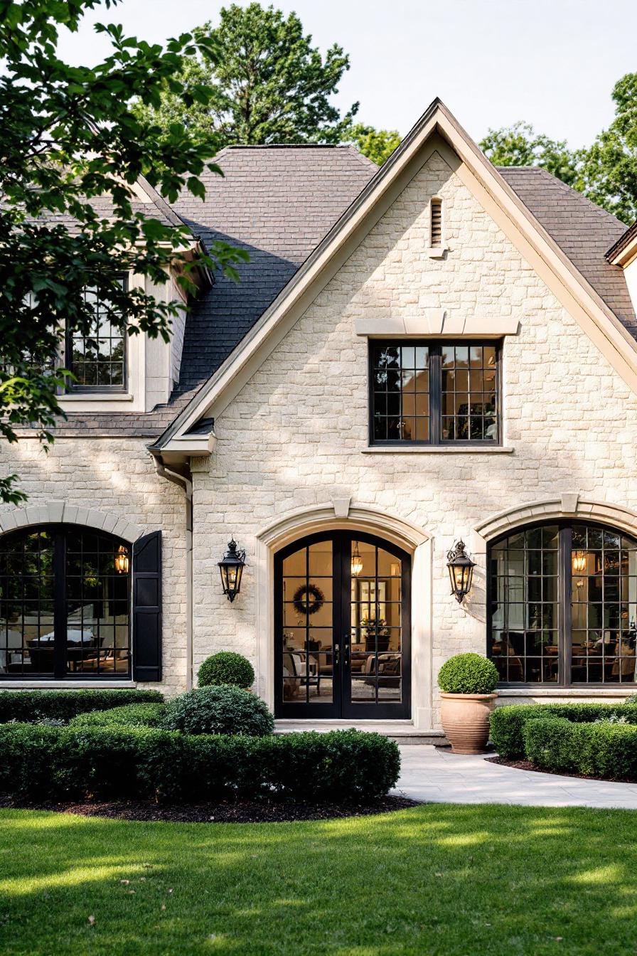 Elegant stone house with black accents and lush greenery