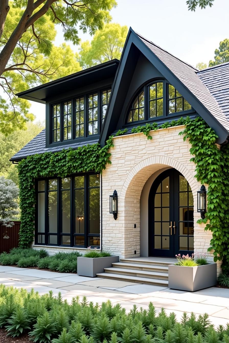 House with ivy on stone facade and black-framed windows