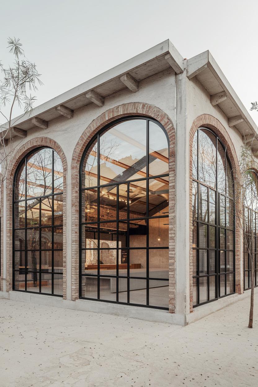 Arched glass facade with brick details