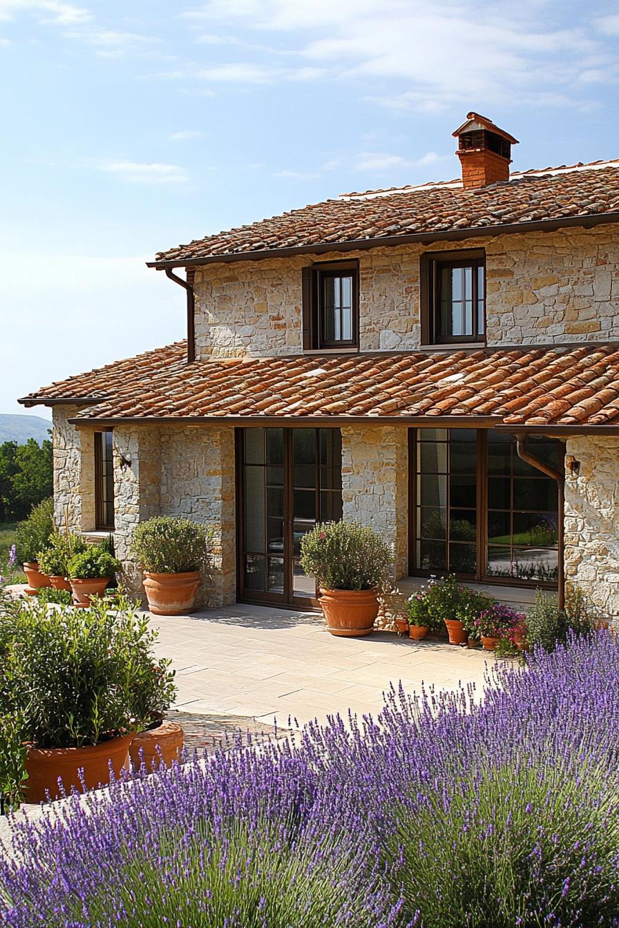 Italian farmhouse with stone walls and lavender