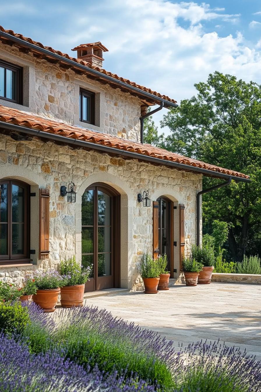 Charming stone farmhouse with terracotta pots and lavender