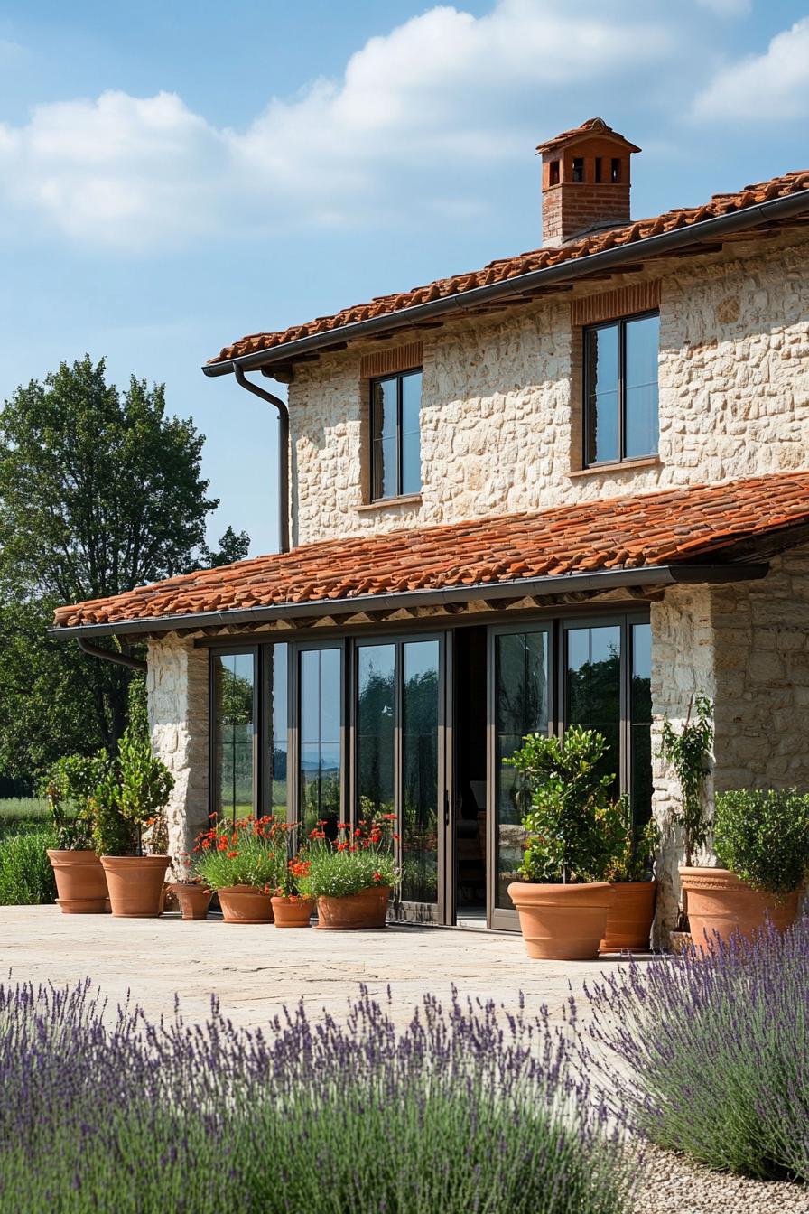 Italian farmhouse surrounded by potted plants and lavender