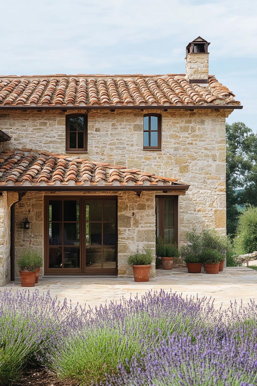 Rustic stone farmhouse with terracotta roof and lavender