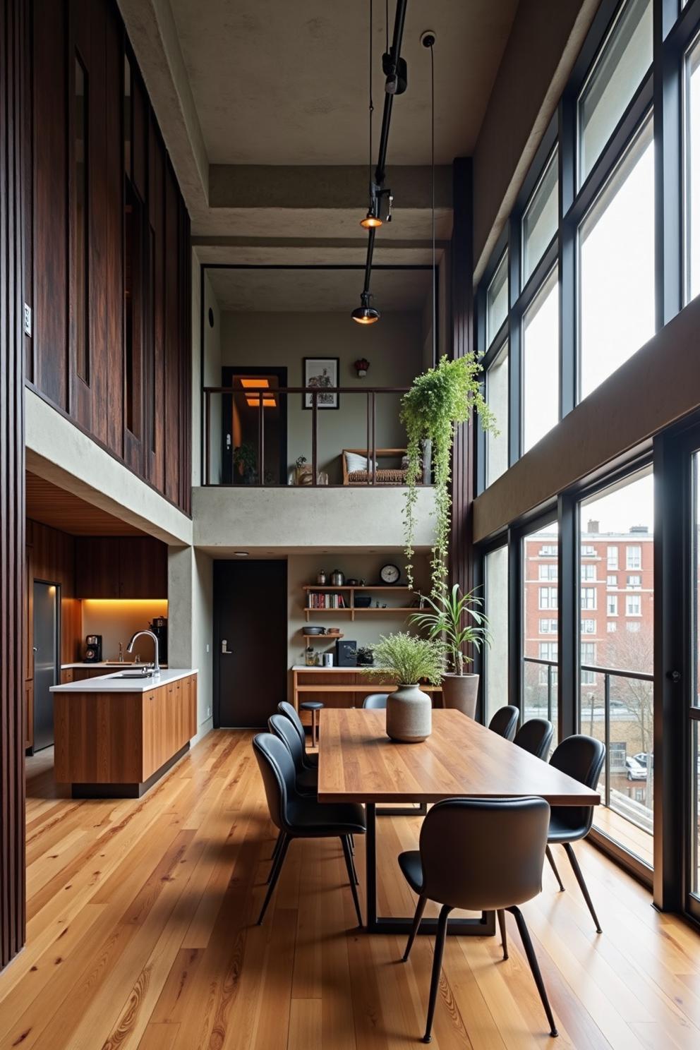 Bright and spacious loft dining area with tall windows and modern design