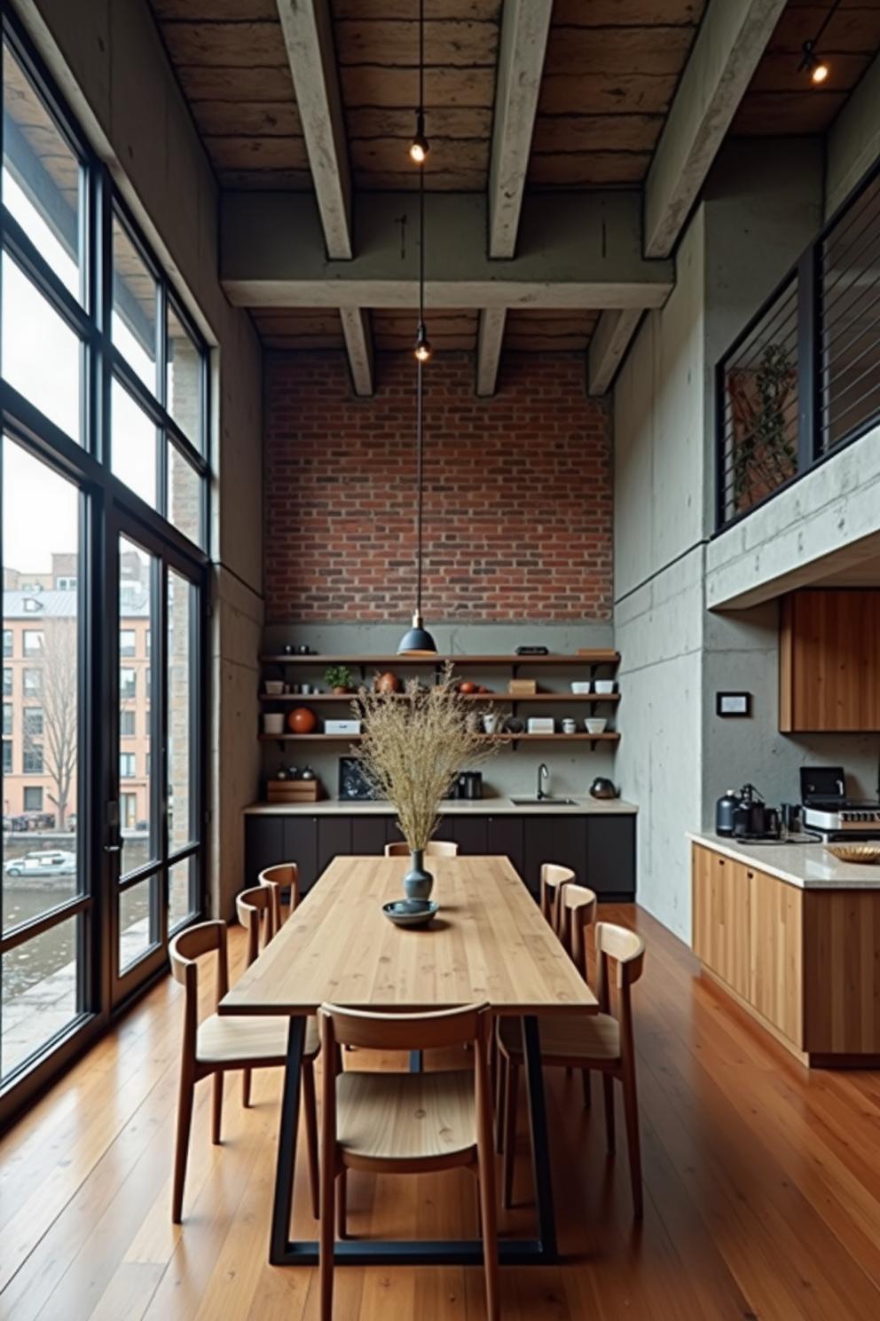 Loft dining room with a wooden table and exposed brick wall