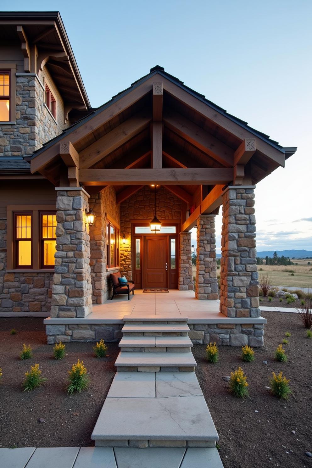 Entrance of a ranch-style home with stone pillars and wooden accents