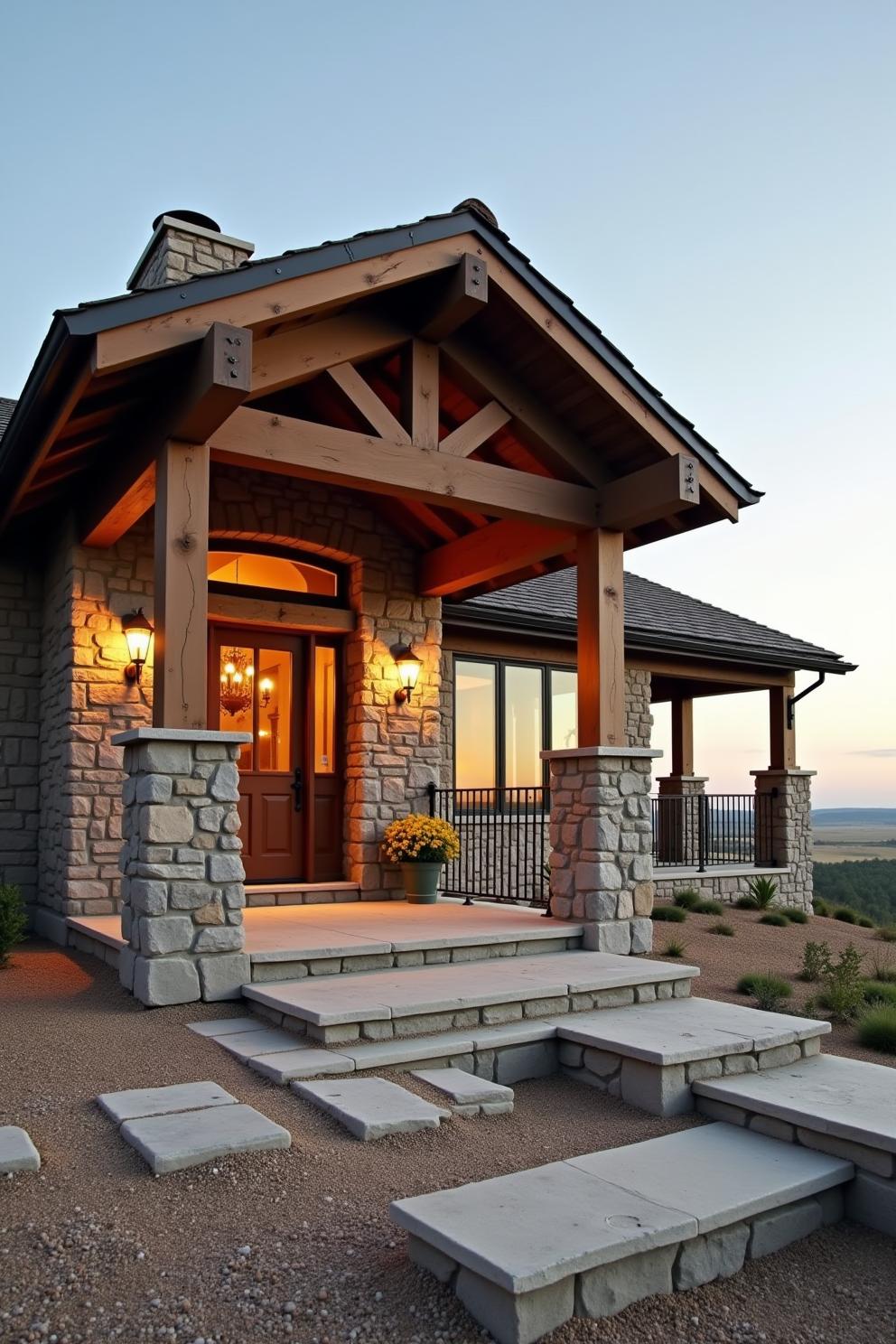 Cozy stone-front entryway with sunset view