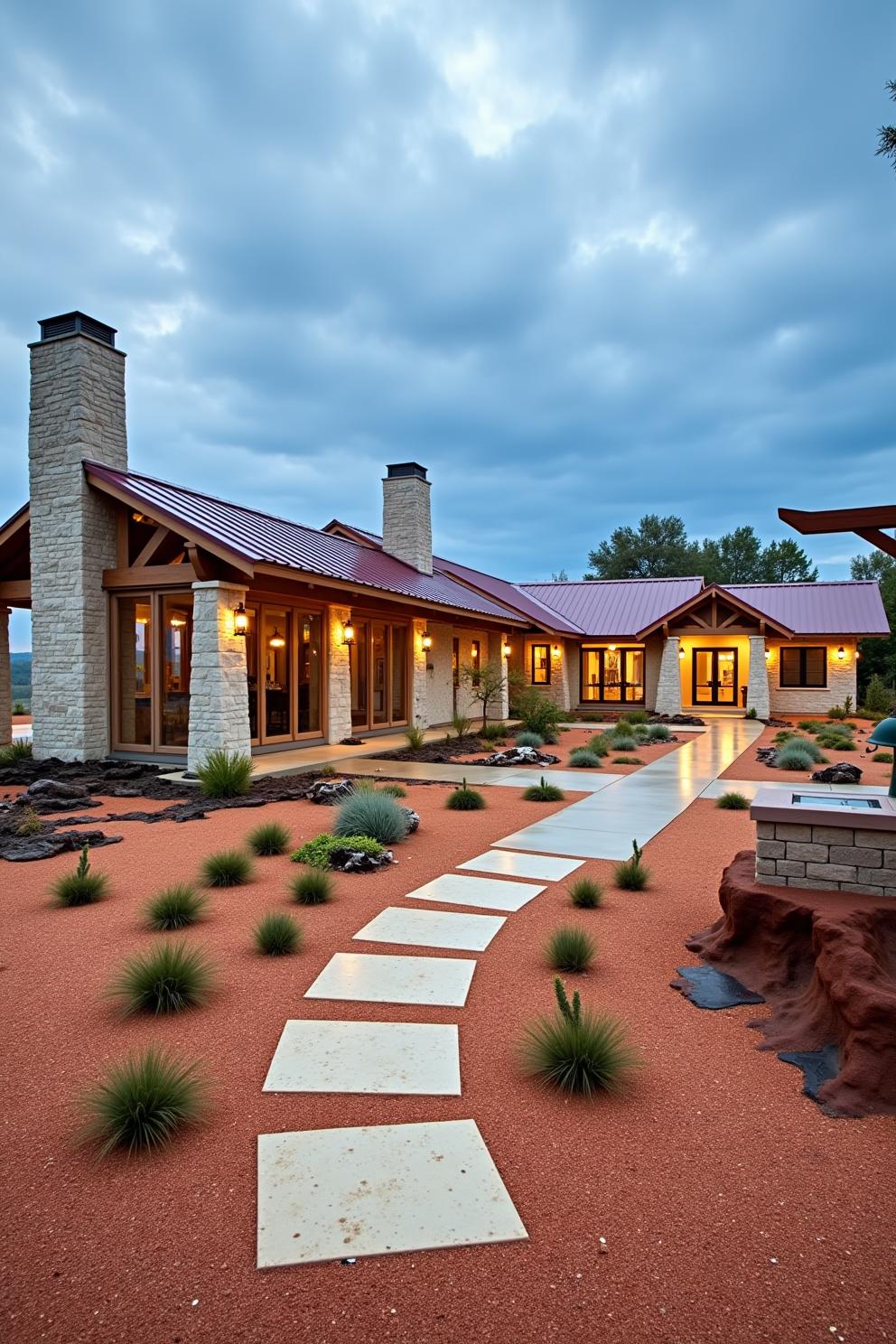 Pathway leading to a modern ranch-style home with stone chimneys