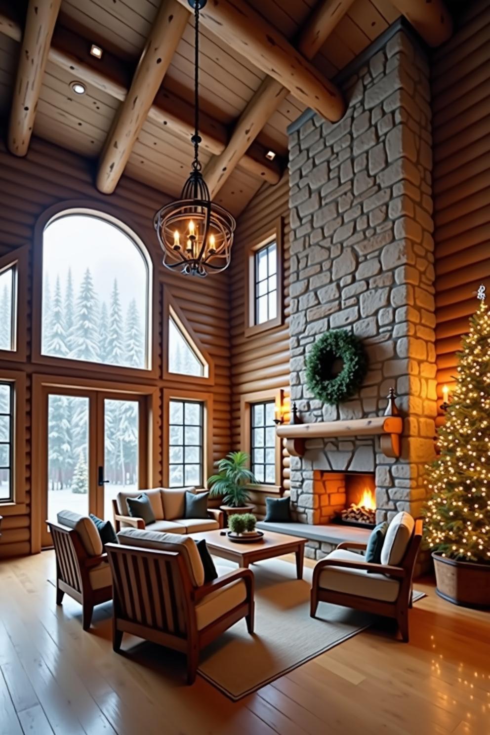 Warm log interior with a stone fireplace and festive decor