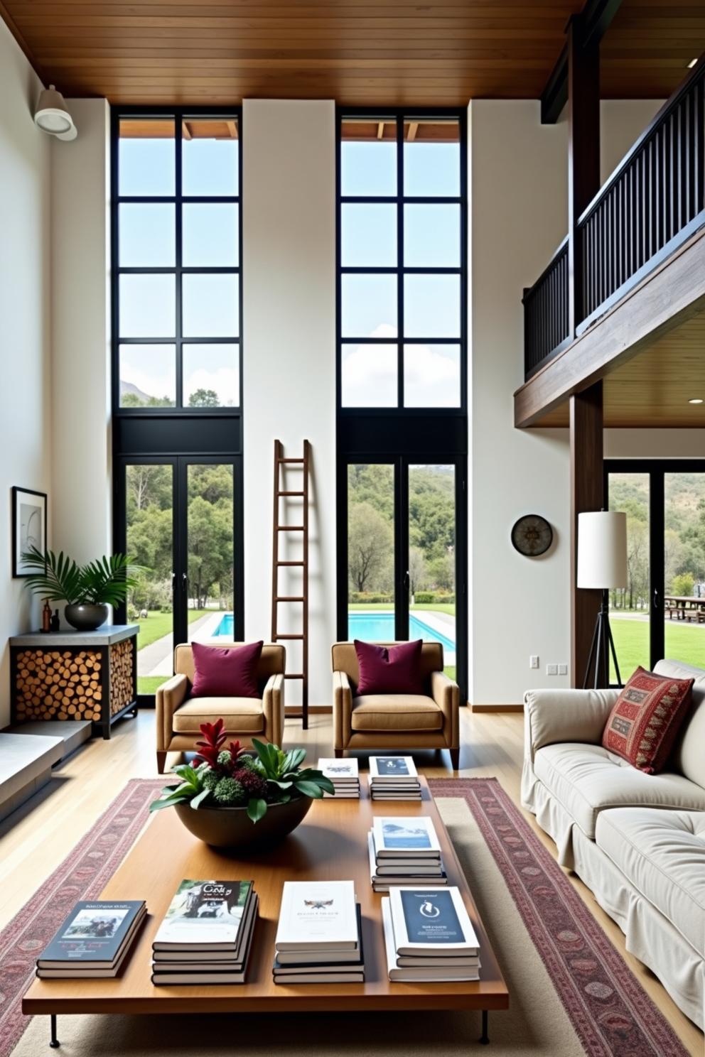 Elegant living area with tall windows and garden view