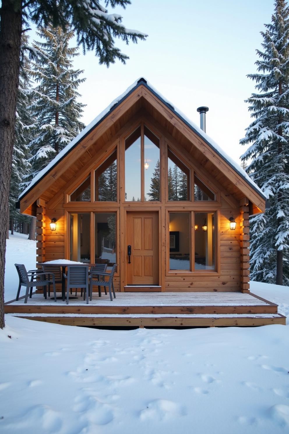 Wooden cabin surrounded by snow-covered trees