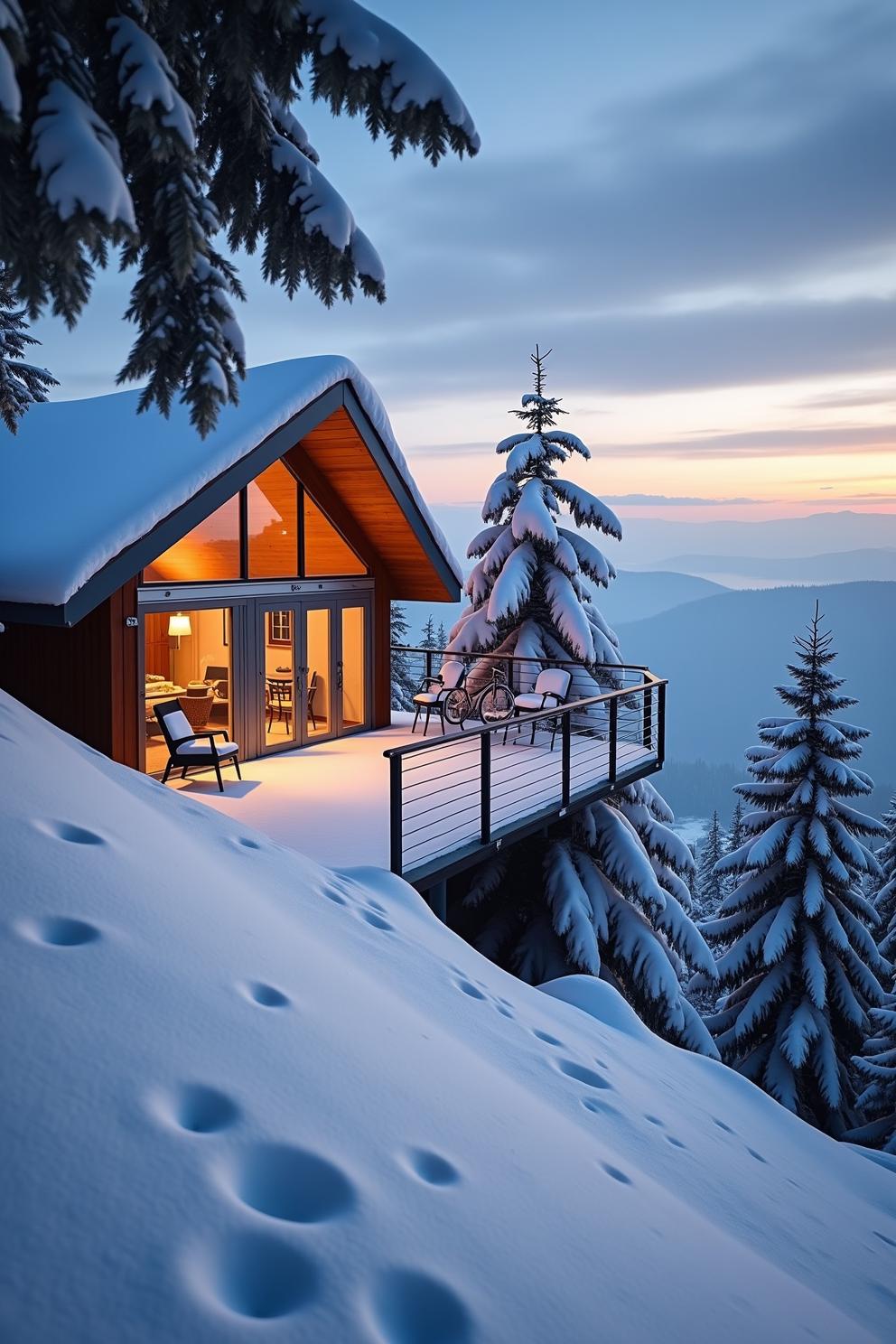 Cozy winter cabin nestled in a snowy mountain landscape