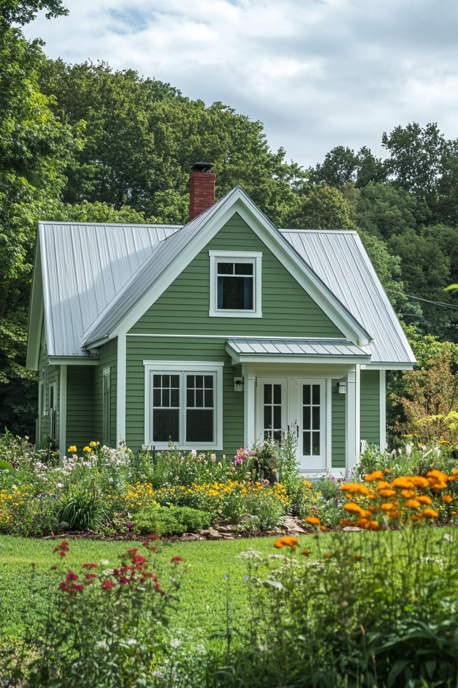 Charming green house with vibrant garden in foreground