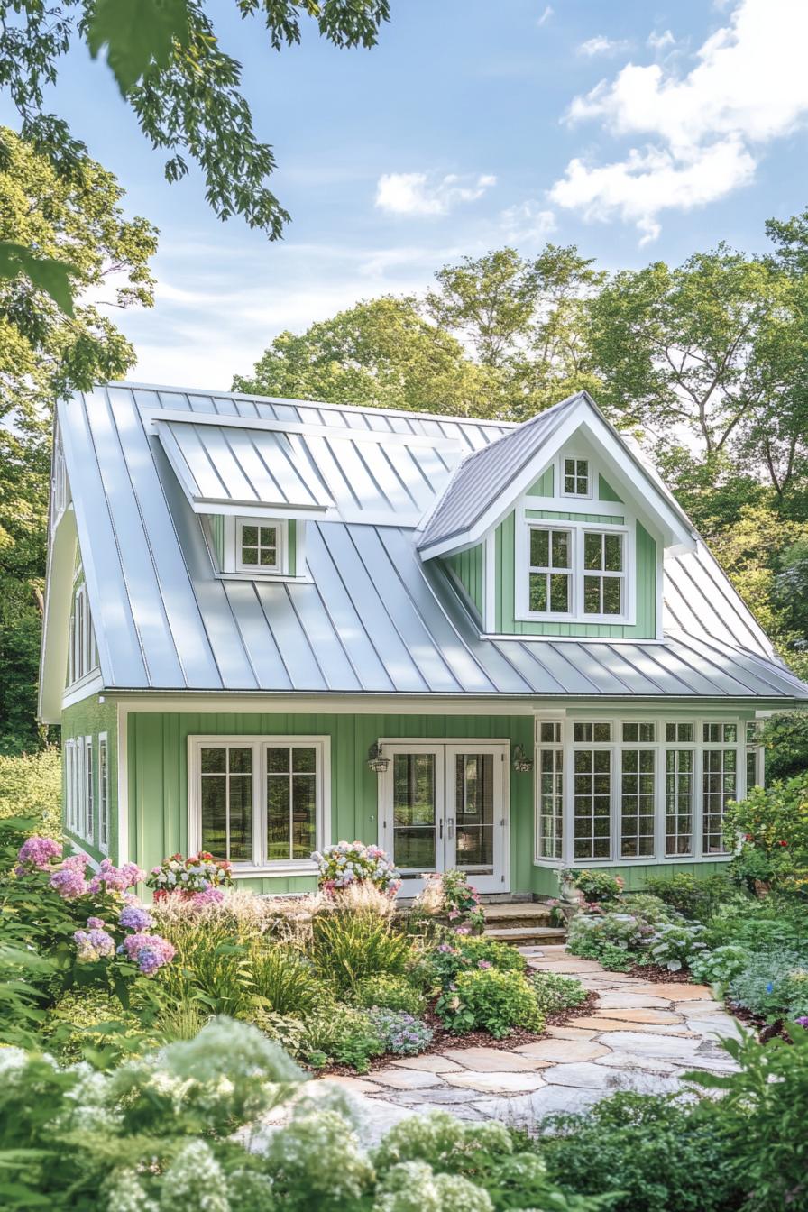 Green house with metal roof and garden path