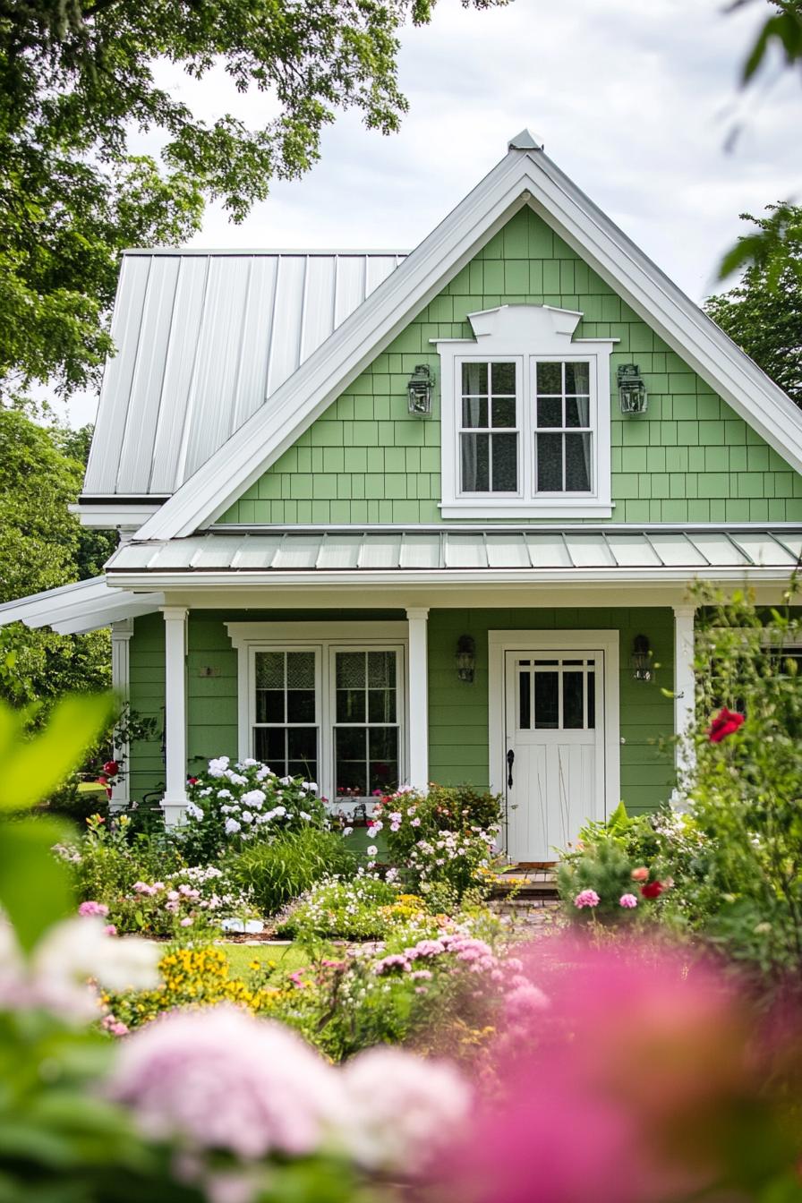 Charming green house with colorful garden in full bloom