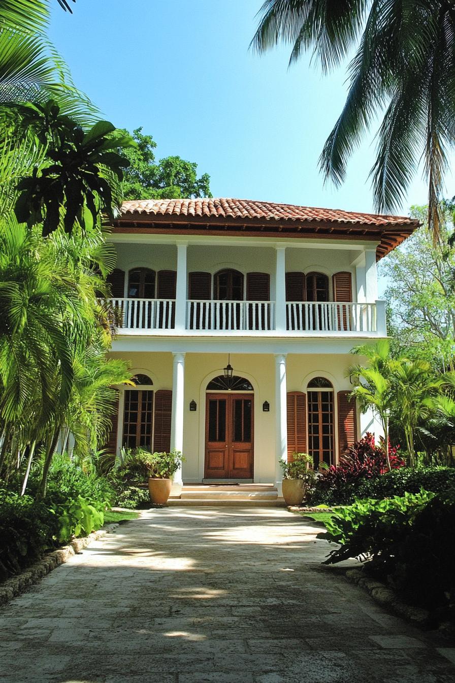 Colonial-style house with tropical landscaping