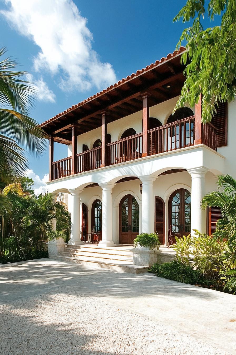 Colonial house with tall arches under a bright blue sky