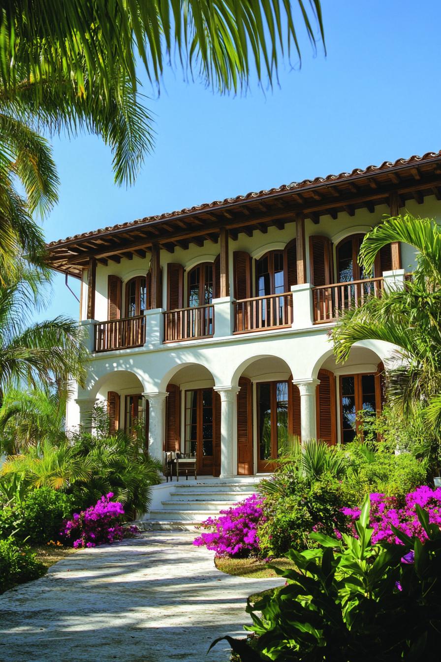 Colonial-style house with lush garden and arches