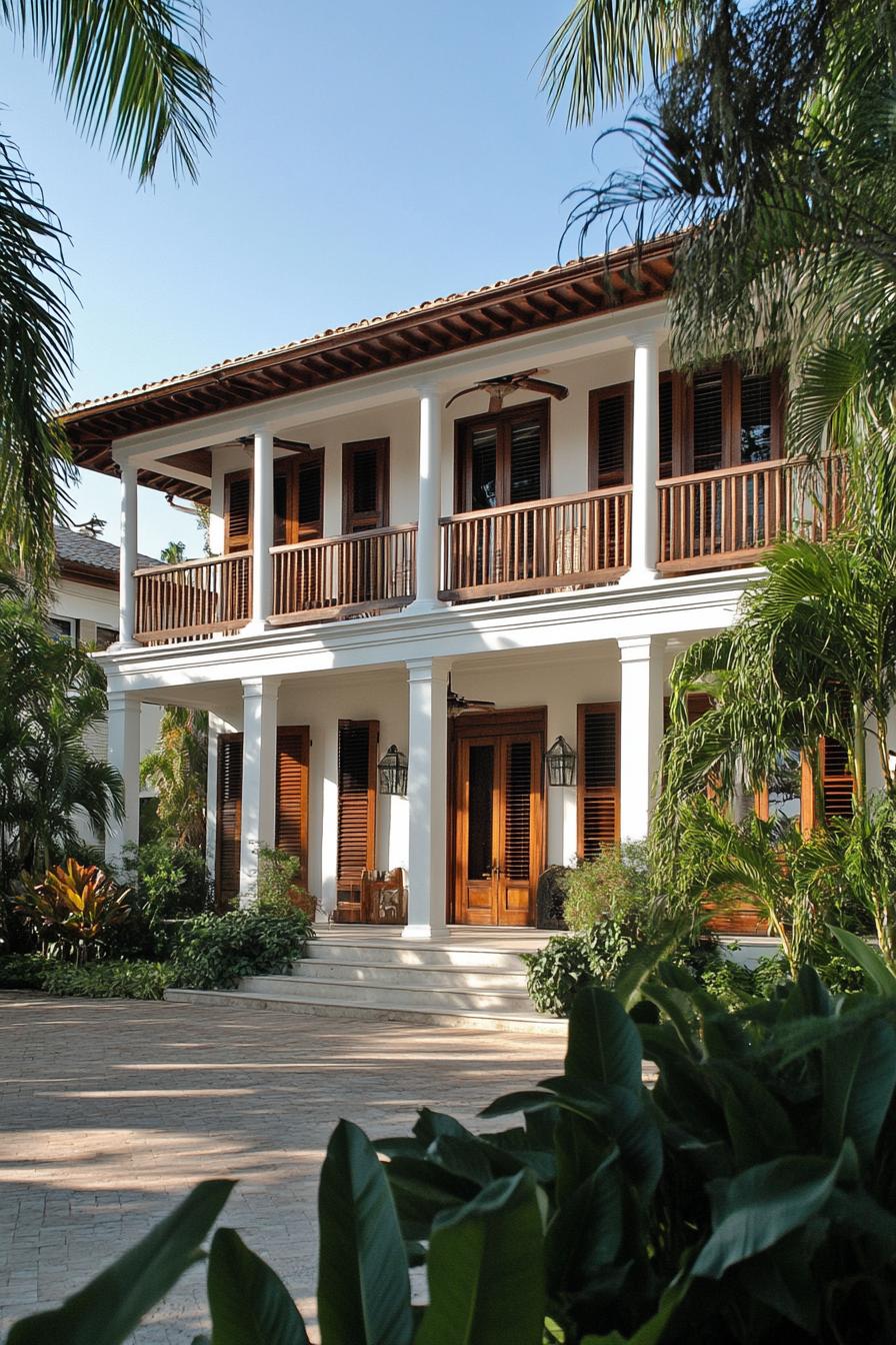 Two-story colonial house with wooden shutters and lush greenery