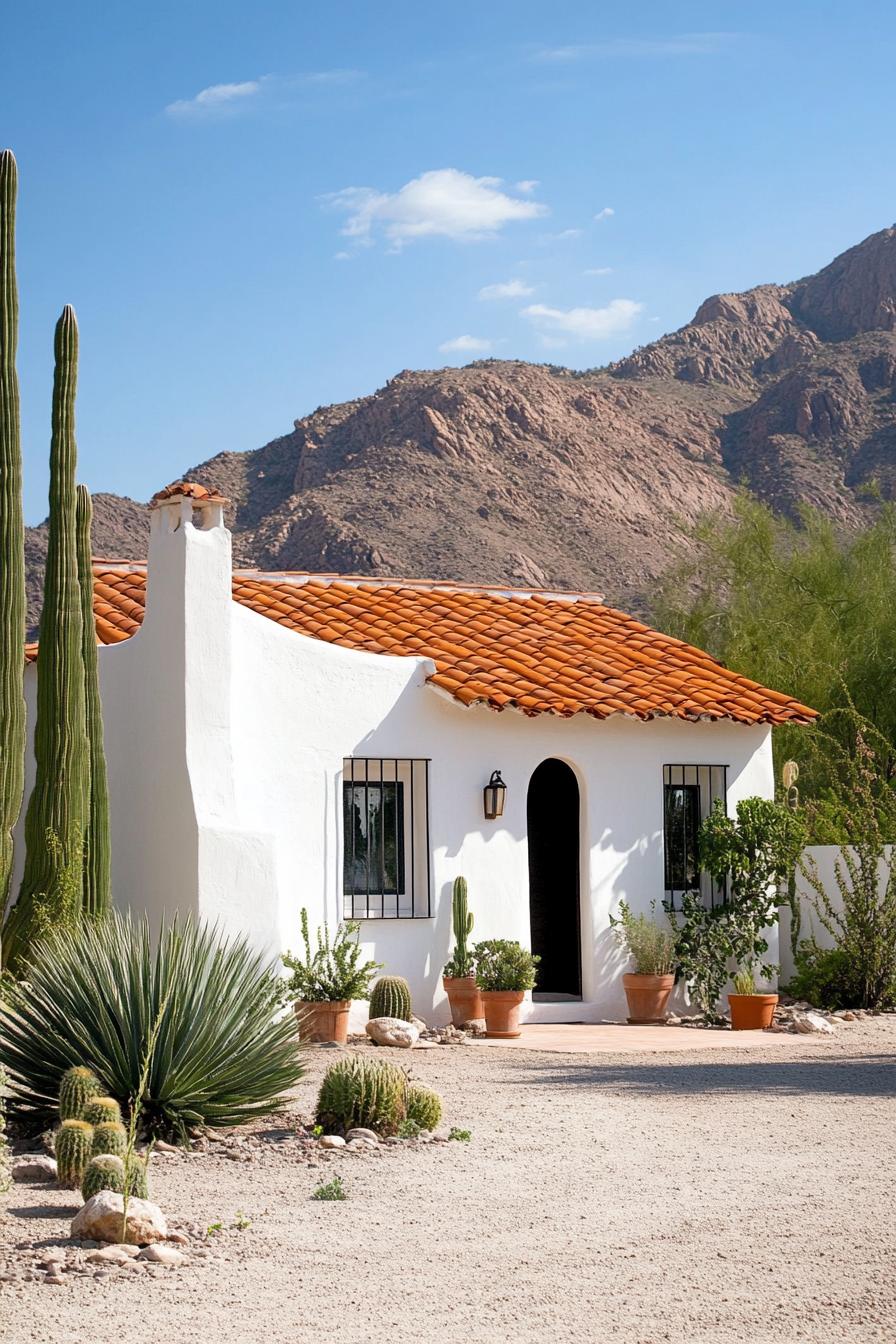 White bungalow with terracotta roof in a desert landscape