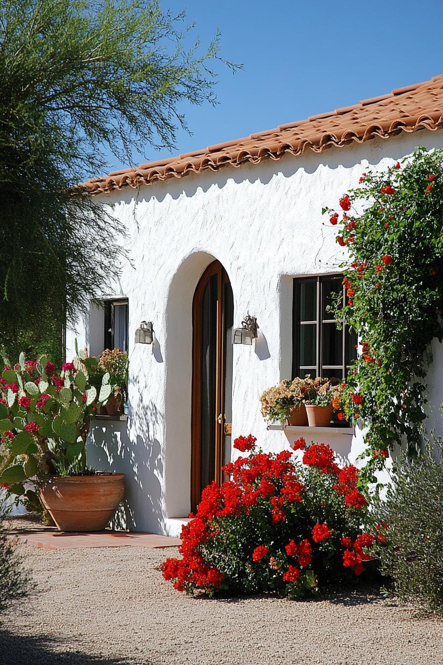 White stucco bungalow adorned with vibrant plants