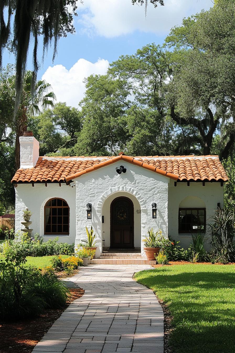 Charming white bungalow with a terracotta roof surrounded by greenery