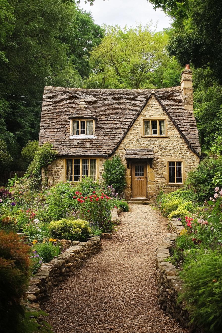 Charming cottage surrounded by lush greenery and flowers