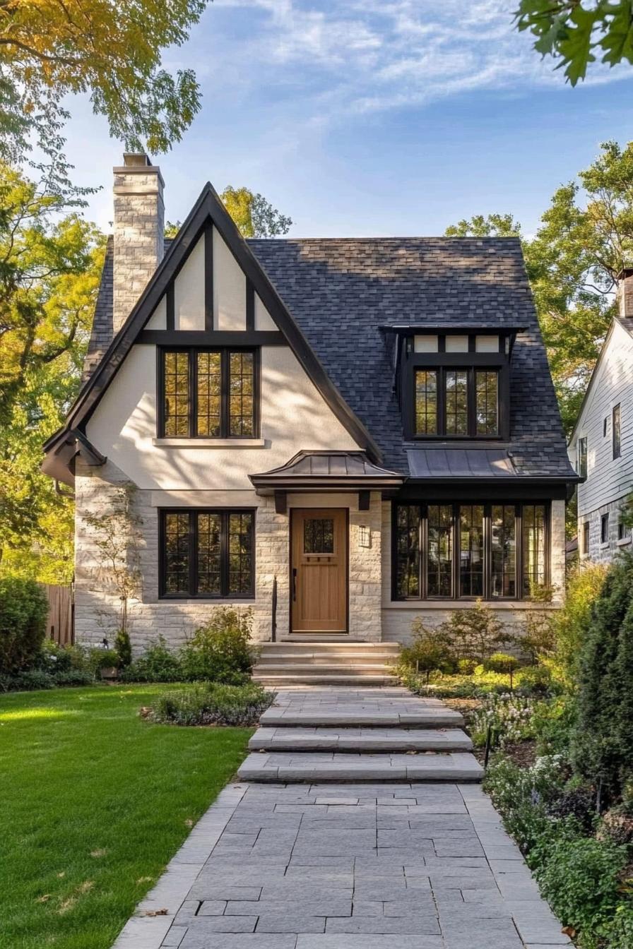 Cozy cottage with steep gables and elegant stone facade