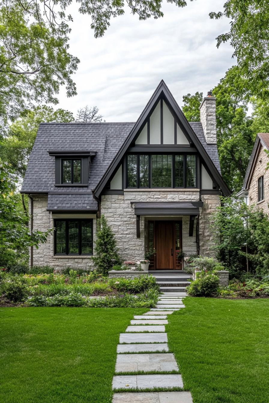 Classic stone cottage with a steep roof and lush garden