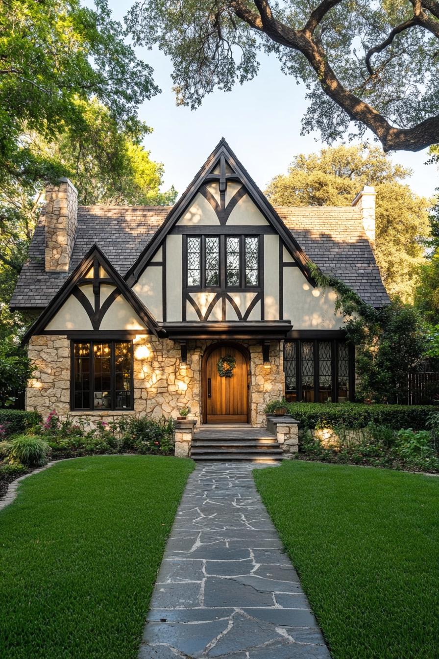 Quaint stone cottage with a Tudor facade