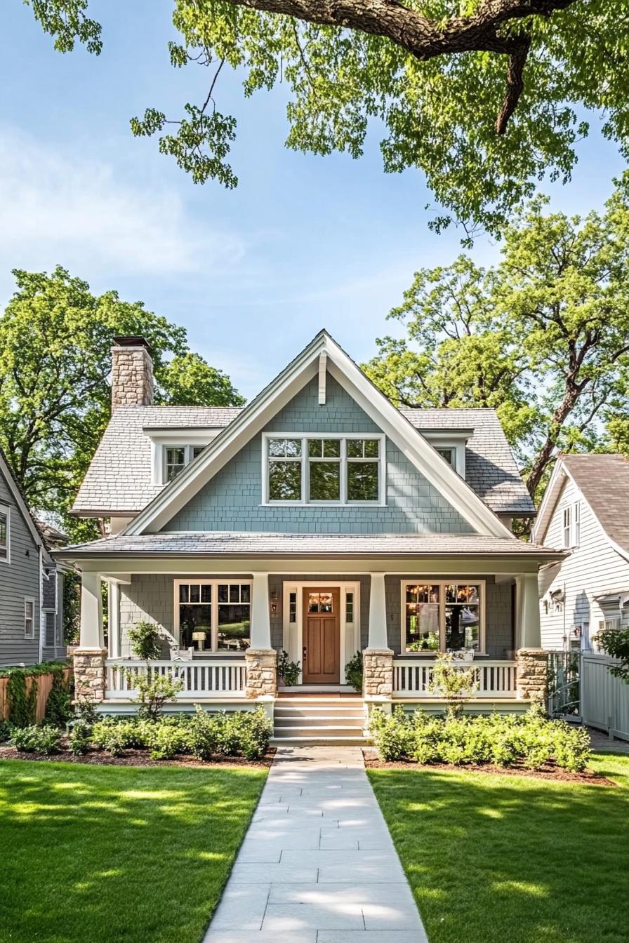 Blue cottage with a welcoming porch, surrounded by lush greenery