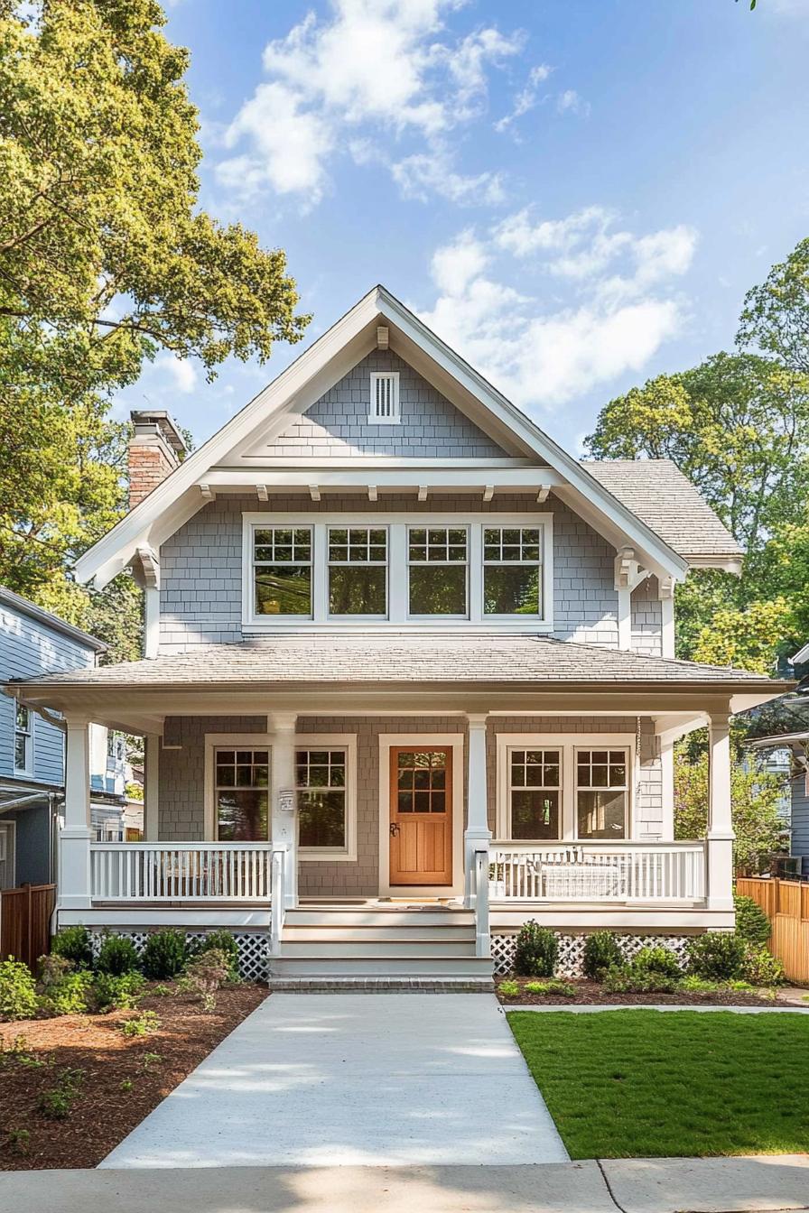 Charming gray suburban home with inviting porch