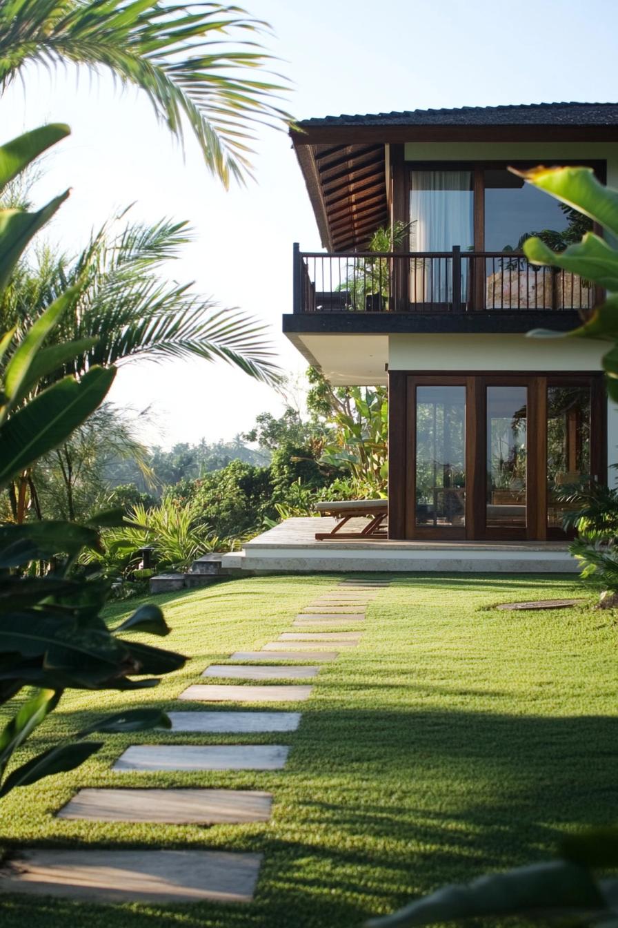 Tropical house with a path through a manicured lawn