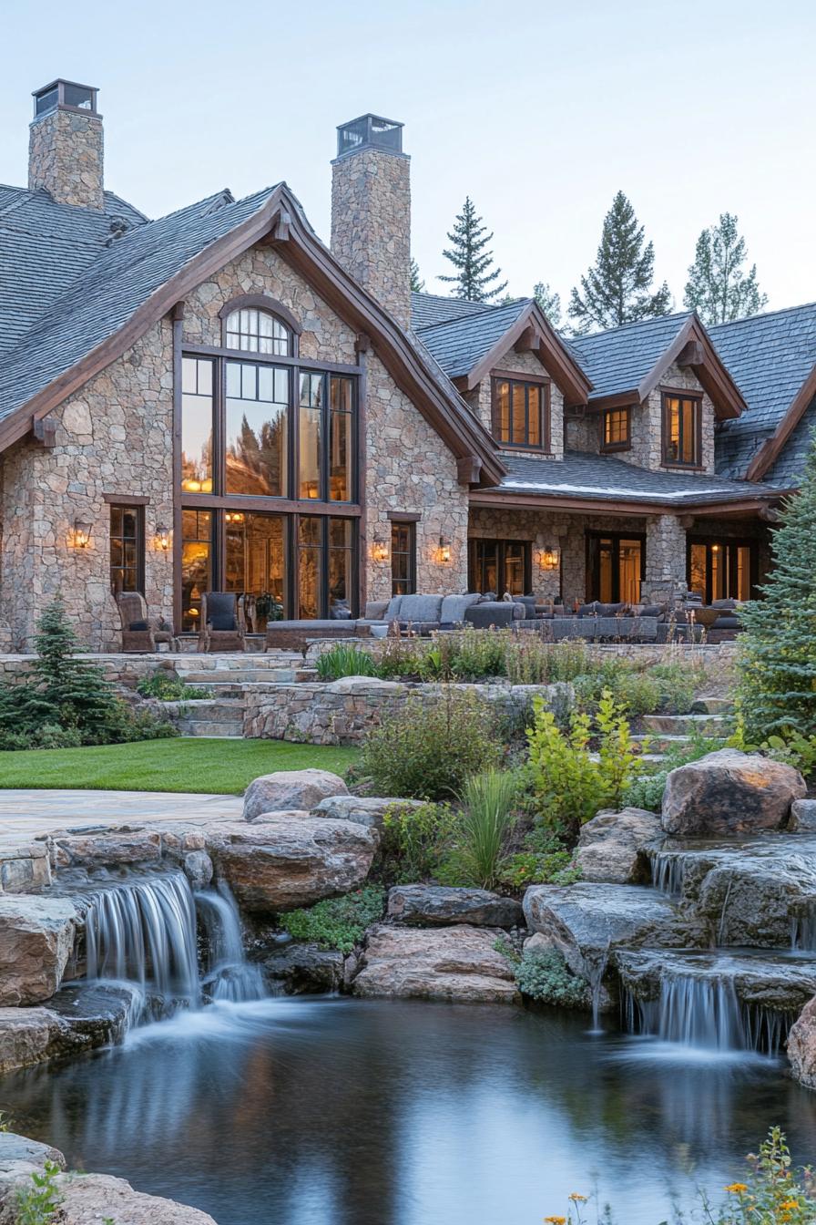 Luxurious stone house nestled by a tranquil waterfall