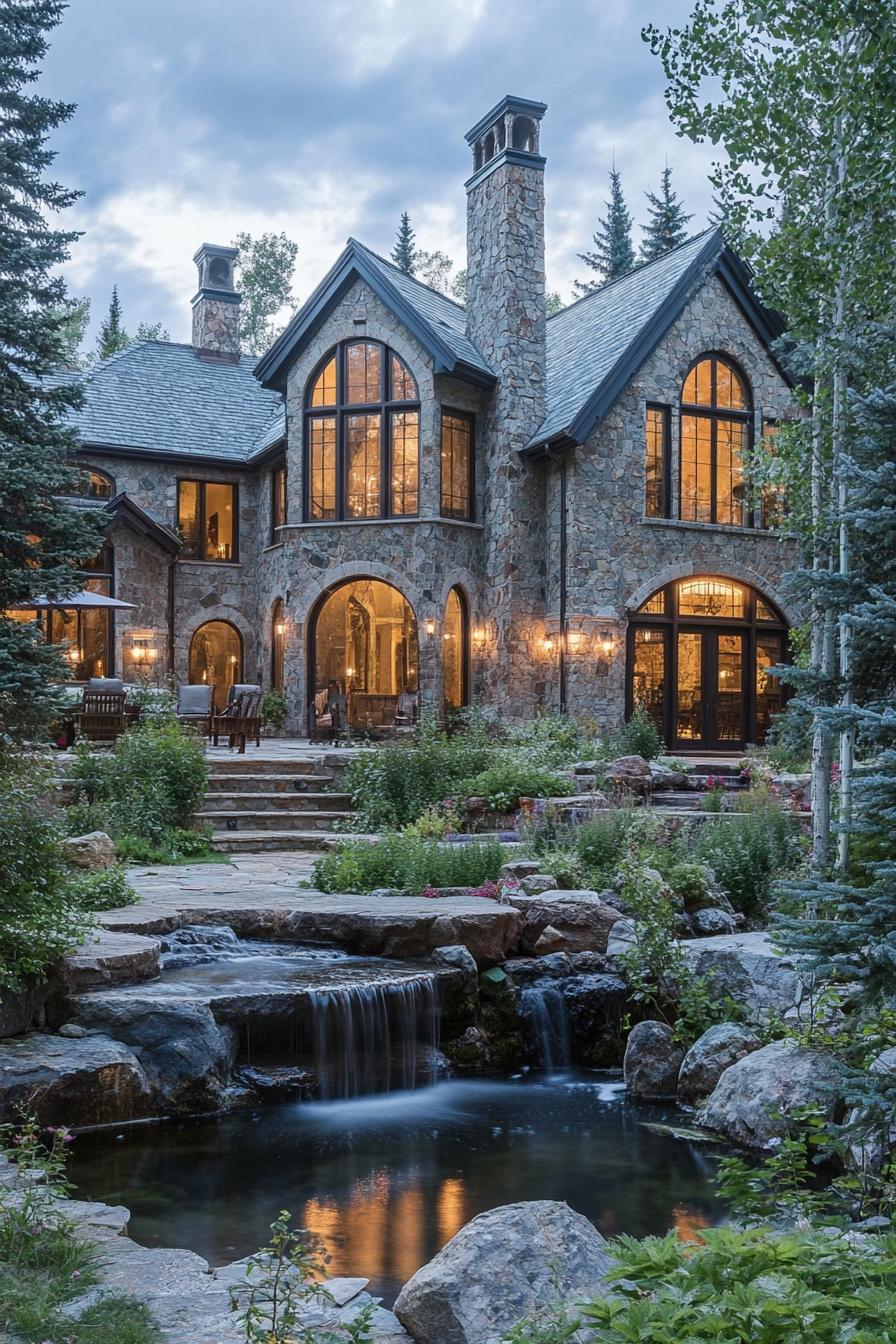 Elegant stone house with tall chimneys surrounded by trees and a cascading waterfall