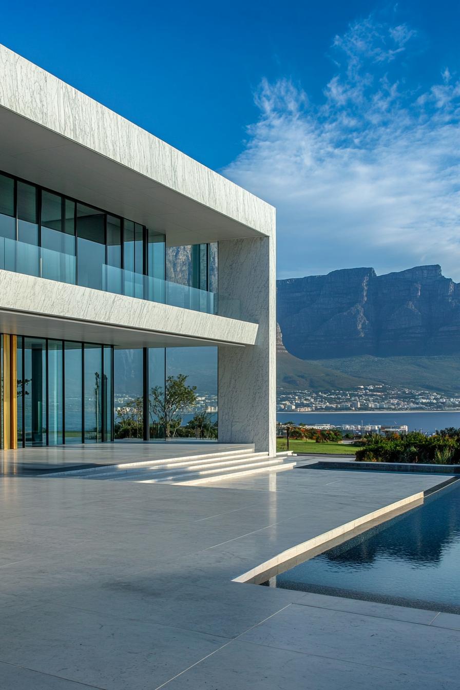 Modern house with mountain backdrop and pool