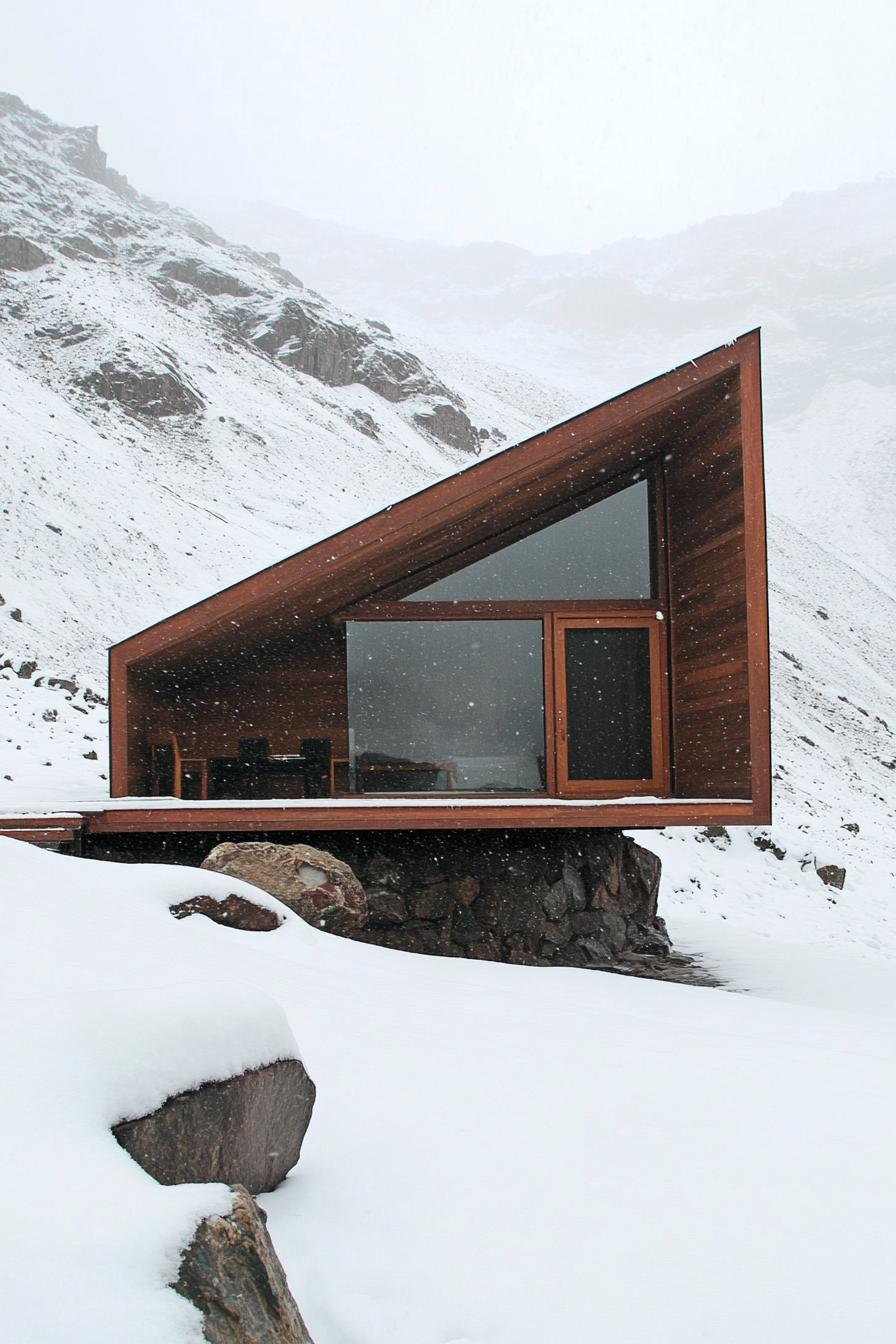 Modern cabin with geometric design in snow