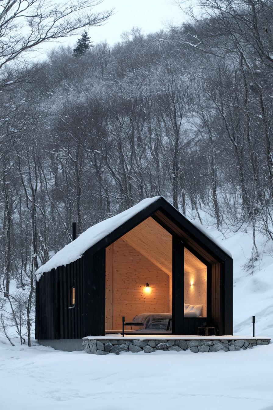 Compact wooden cabin with glowing interior nestled in snowy forest