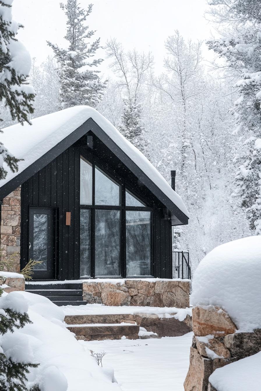 Cozy cabin nestled in snowy woods with large windows