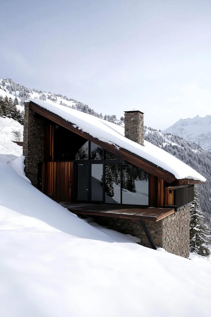 Cabin surrounded by deep snow and mountains